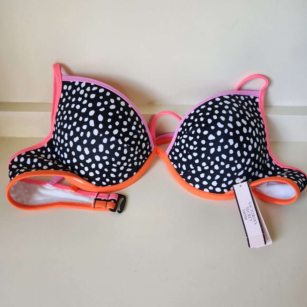NWT Victoria's Secret Black & Neon Multicolored Molded Push Up Bikini Swim Top